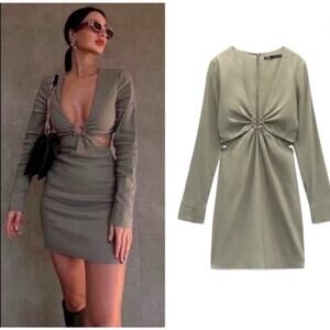 Zara Green Linen Cut Out Mini Dress XXL Bloggers Favorite, New